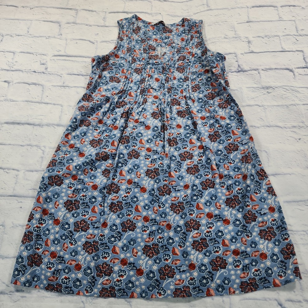 Sonoma Pintuck Dress Womens Medium Blue Floral Linen Blend Sleeveless Tank Top